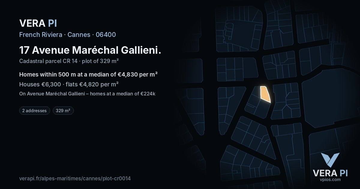 17 Avenue Maréchal Gallieni, Cannes at night – the plot lit, the parcels around coloured by the prices near them