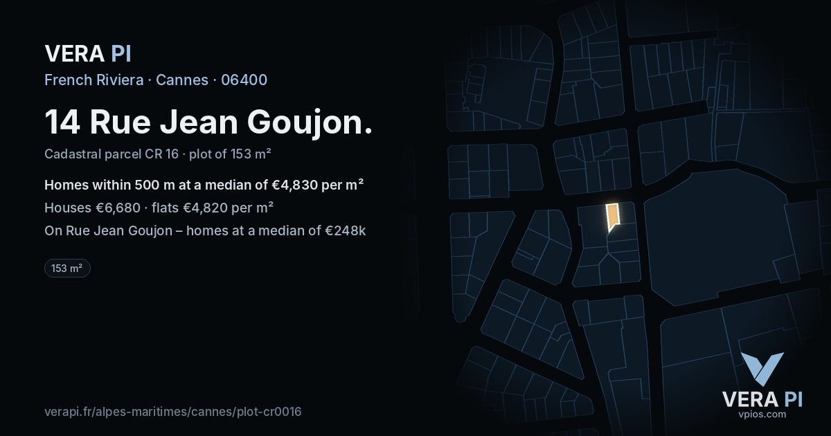 14 Rue Jean Goujon, Cannes at night – the plot lit, the parcels around coloured by the prices near them