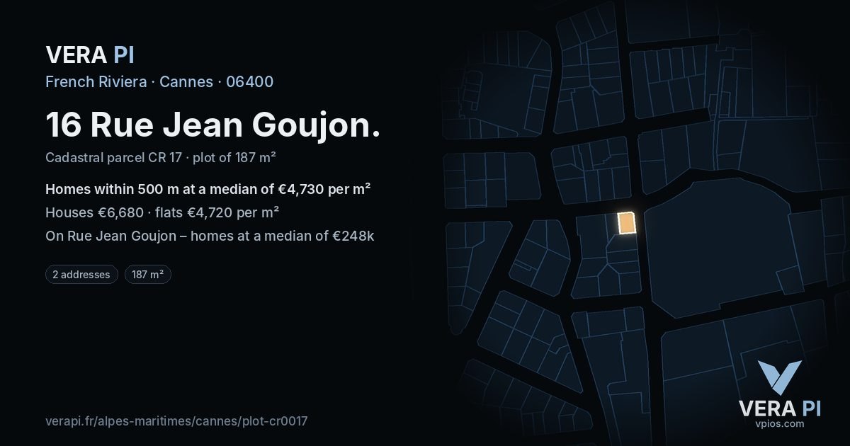 16 Rue Jean Goujon, Cannes at night – the plot lit, the parcels around coloured by the prices near them