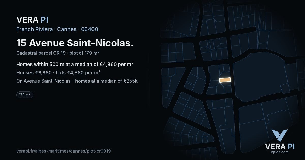 15 Avenue Saint-Nicolas, Cannes at night – the plot lit, the parcels around coloured by the prices near them