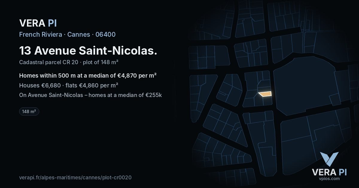 13 Avenue Saint-Nicolas, Cannes at night – the plot lit, the parcels around coloured by the prices near them