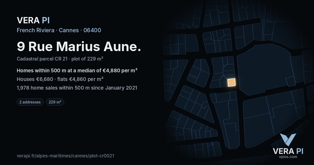 9 Rue Marius Aune, Cannes at night – the plot lit, the parcels around coloured by the prices near them