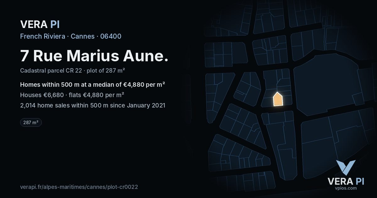7 Rue Marius Aune, Cannes at night – the plot lit, the parcels around coloured by the prices near them