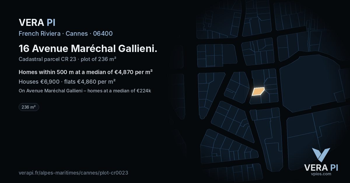 16 Avenue Maréchal Gallieni, Cannes at night – the plot lit, the parcels around coloured by the prices near them
