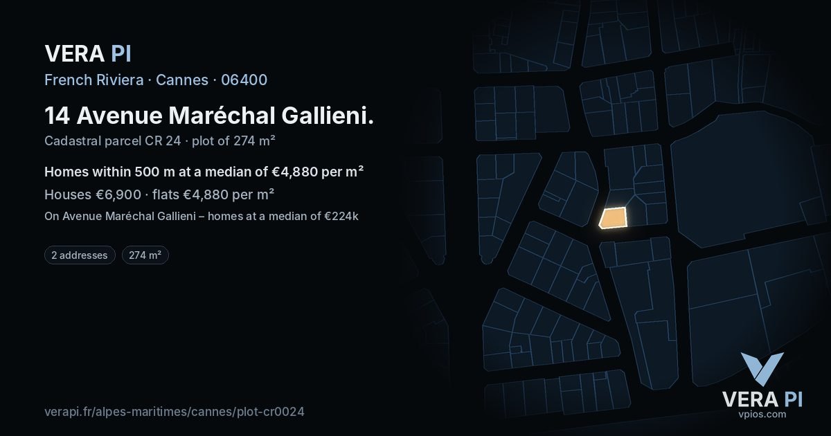 14 Avenue Maréchal Gallieni, Cannes at night – the plot lit, the parcels around coloured by the prices near them