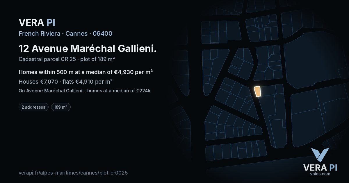 12 Avenue Maréchal Gallieni, Cannes at night – the plot lit, the parcels around coloured by the prices near them