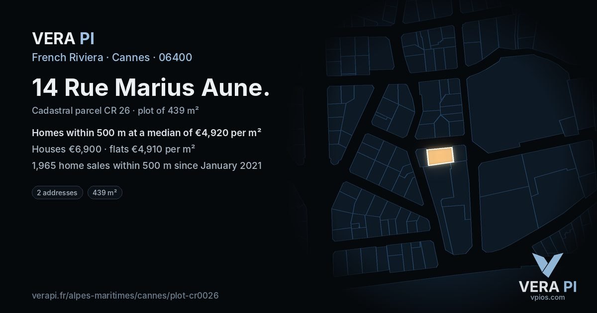 14 Rue Marius Aune, Cannes at night – the plot lit, the parcels around coloured by the prices near them
