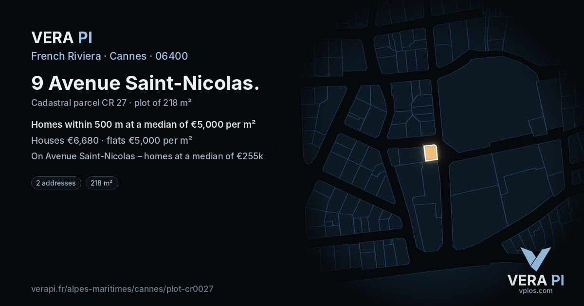 9 Avenue Saint-Nicolas, Cannes at night – the plot lit, the parcels around coloured by the prices near them