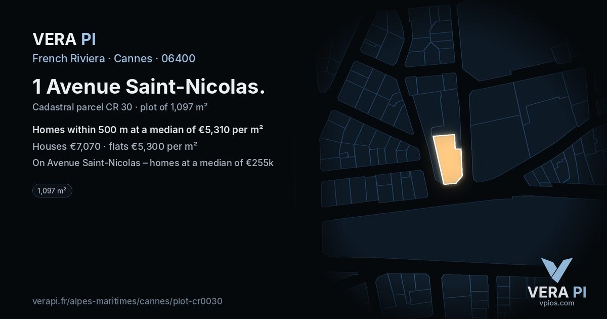 1 Avenue Saint-Nicolas, Cannes at night – the plot lit, the parcels around coloured by the prices near them