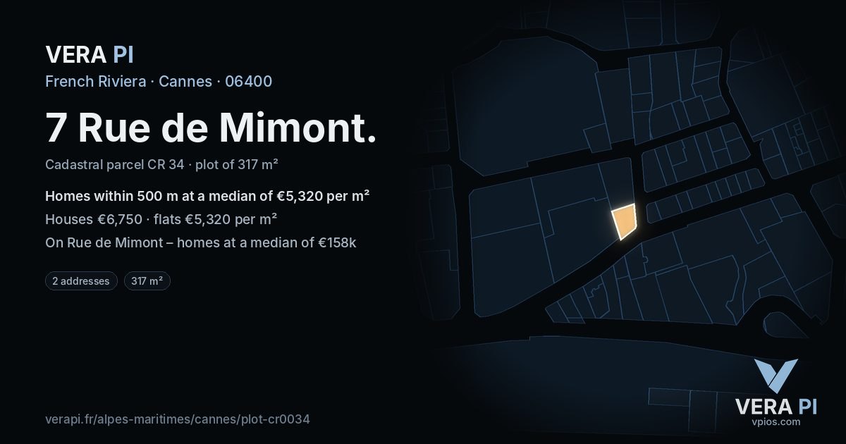 7 Rue de Mimont, Cannes at night – the plot lit, the parcels around coloured by the prices near them
