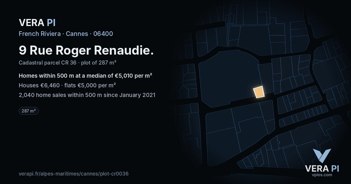 9 Rue Roger Renaudie, Cannes at night – the plot lit, the parcels around coloured by the prices near them
