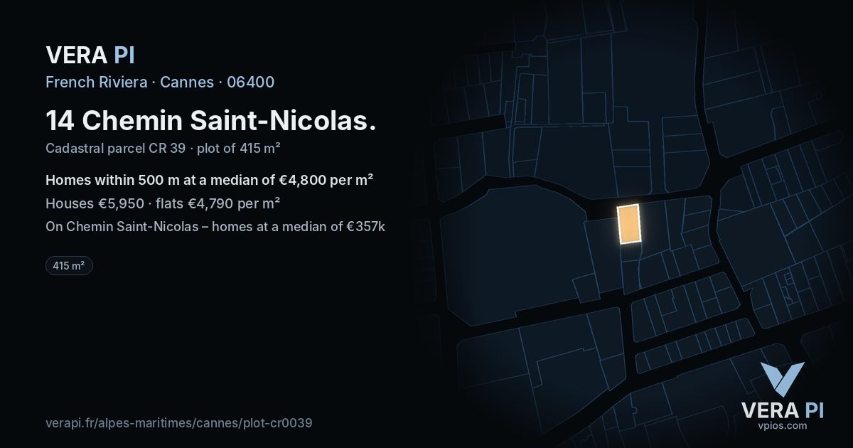 14 Chemin Saint-Nicolas, Cannes at night – the plot lit, the parcels around coloured by the prices near them