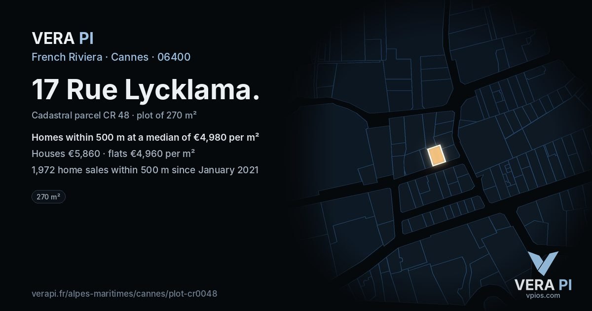 17 Rue Lycklama, Cannes at night – the plot lit, the parcels around coloured by the prices near them