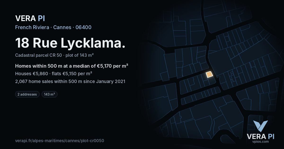 18 Rue Lycklama, Cannes at night – the plot lit, the parcels around coloured by the prices near them