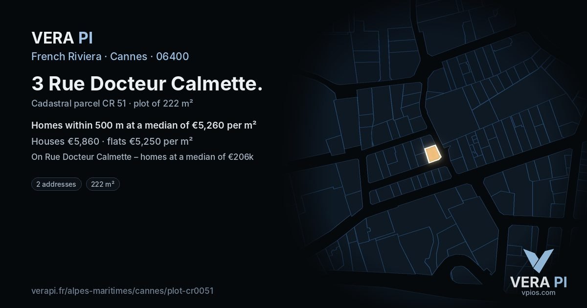 3 Rue Docteur Calmette, Cannes at night – the plot lit, the parcels around coloured by the prices near them