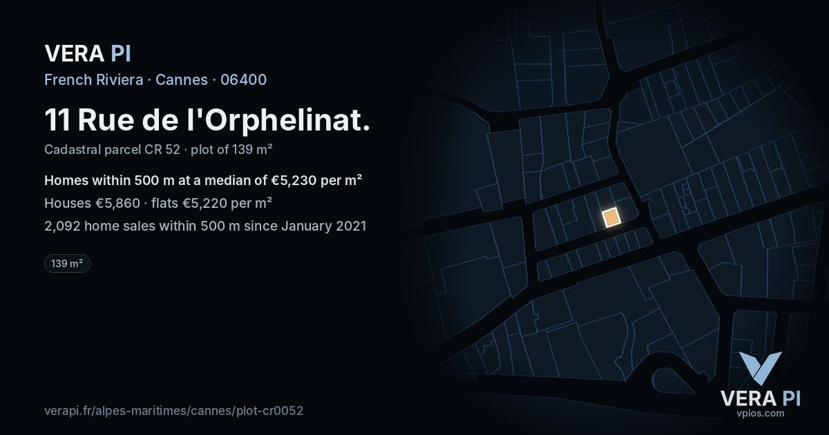 11 Rue de l'Orphelinat, Cannes at night – the plot lit, the parcels around coloured by the prices near them