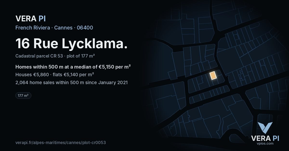 16 Rue Lycklama, Cannes at night – the plot lit, the parcels around coloured by the prices near them