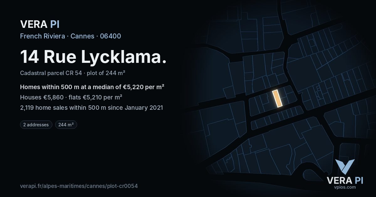 14 Rue Lycklama, Cannes at night – the plot lit, the parcels around coloured by the prices near them
