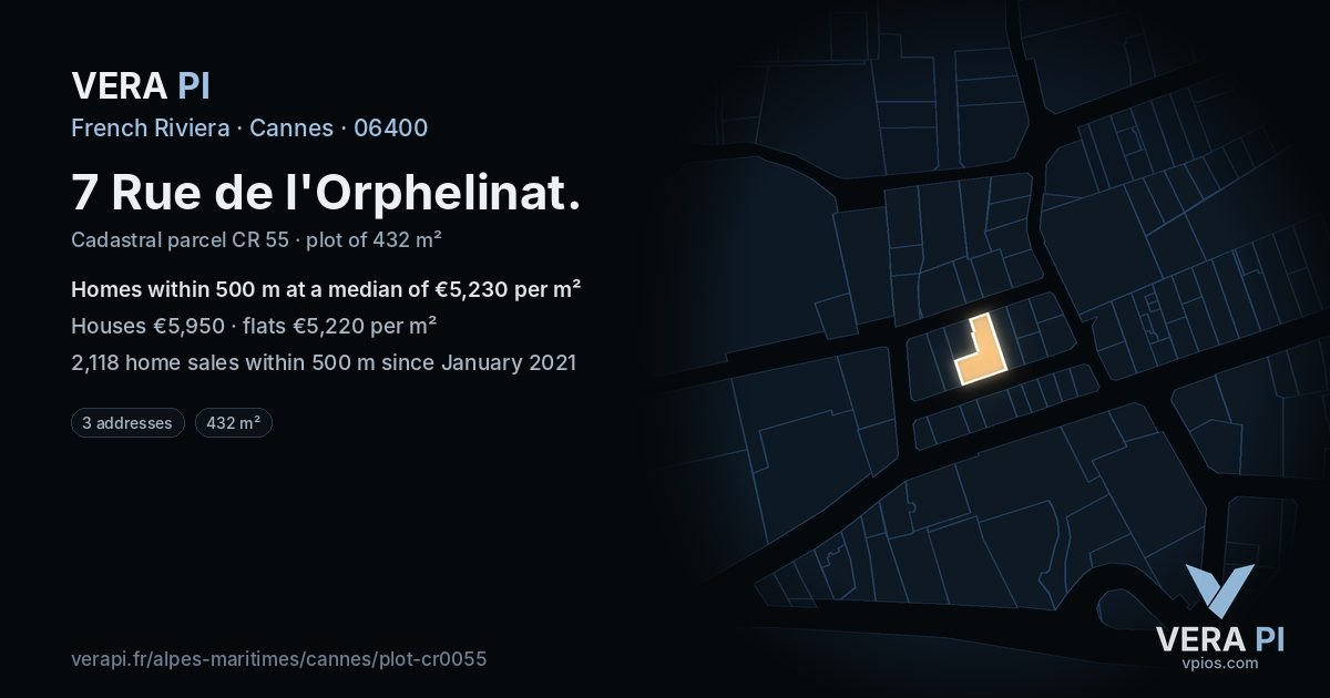 7 Rue de l'Orphelinat, Cannes at night – the plot lit, the parcels around coloured by the prices near them