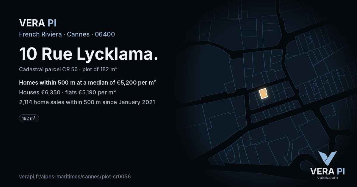 10 Rue Lycklama, Cannes at night – the plot lit, the parcels around coloured by the prices near them