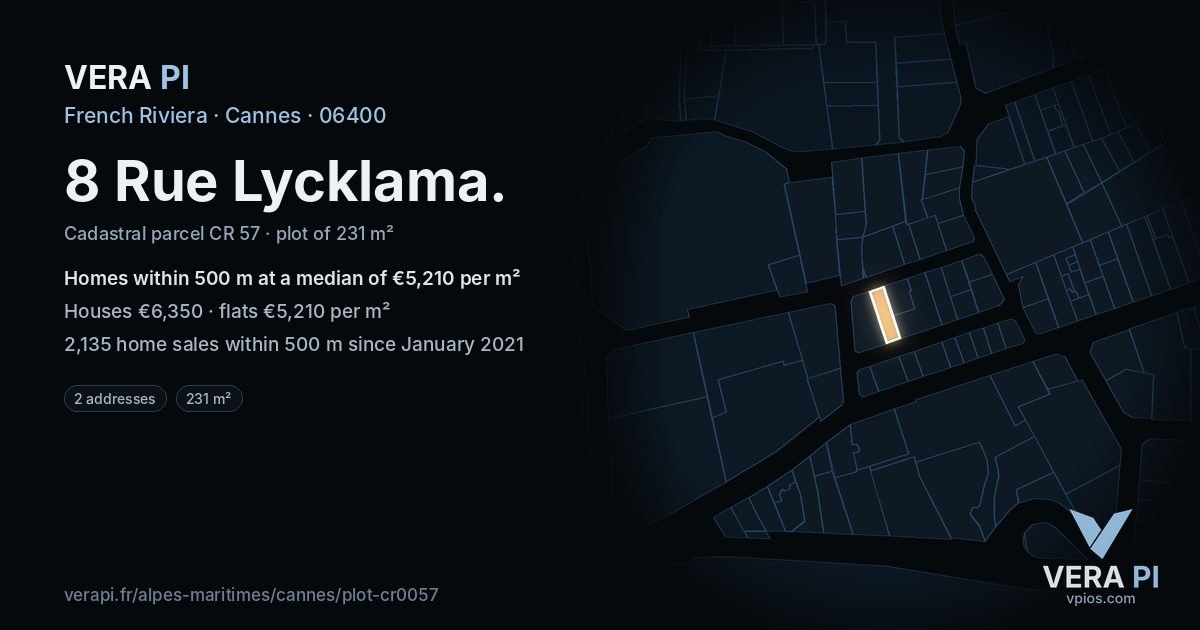8 Rue Lycklama, Cannes at night – the plot lit, the parcels around coloured by the prices near them