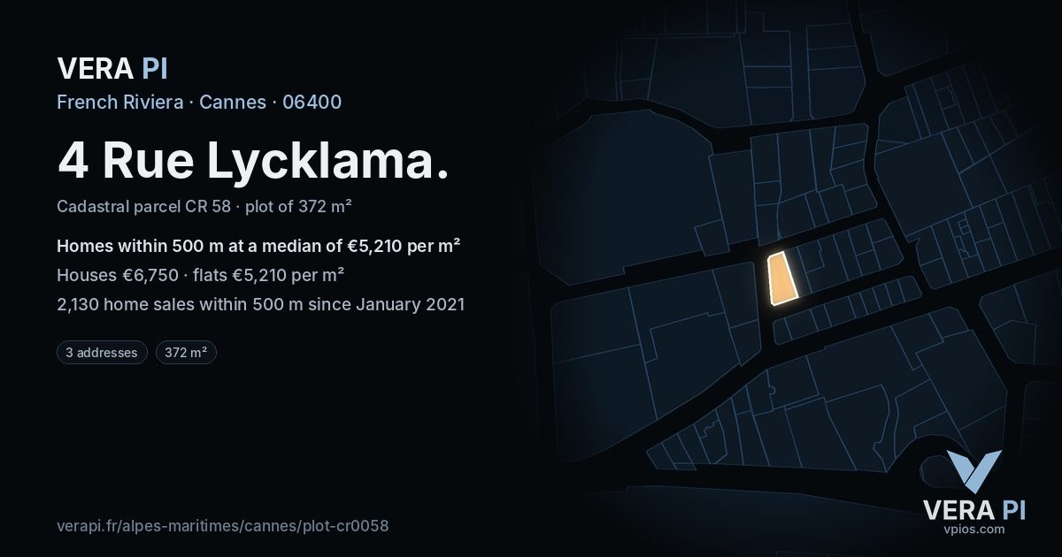 4 Rue Lycklama, Cannes at night – the plot lit, the parcels around coloured by the prices near them