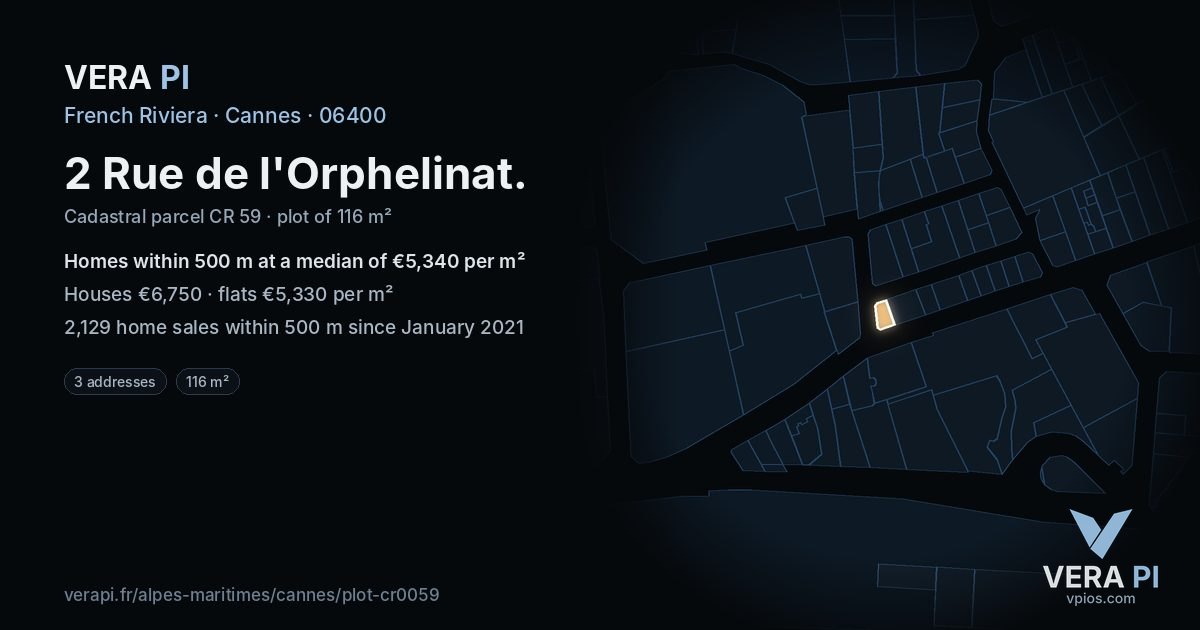 2 Rue de l'Orphelinat, Cannes at night – the plot lit, the parcels around coloured by the prices near them