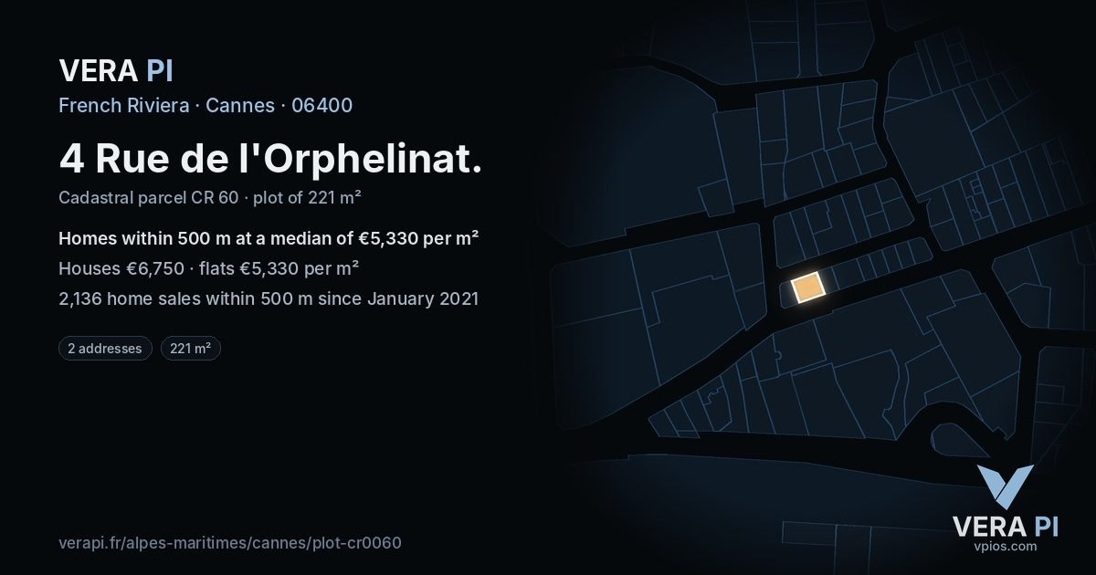 4 Rue de l'Orphelinat, Cannes at night – the plot lit, the parcels around coloured by the prices near them