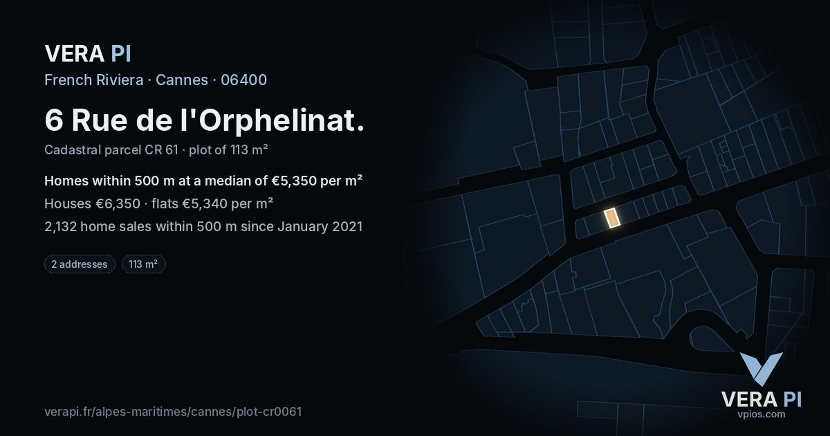 6 Rue de l'Orphelinat, Cannes at night – the plot lit, the parcels around coloured by the prices near them