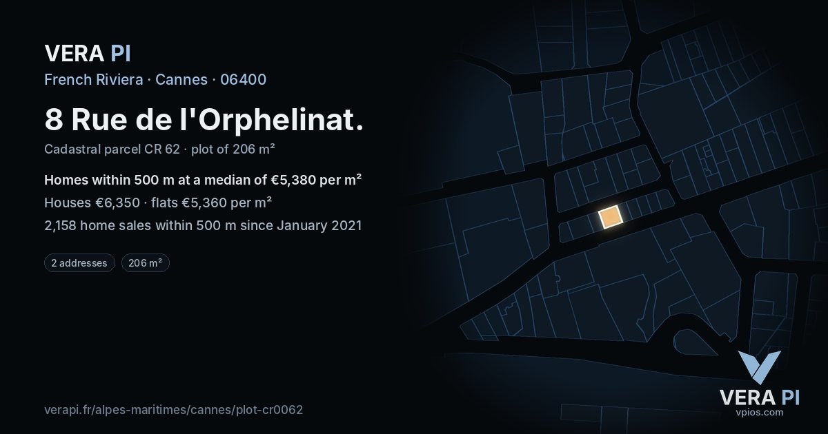 8 Rue de l'Orphelinat, Cannes at night – the plot lit, the parcels around coloured by the prices near them