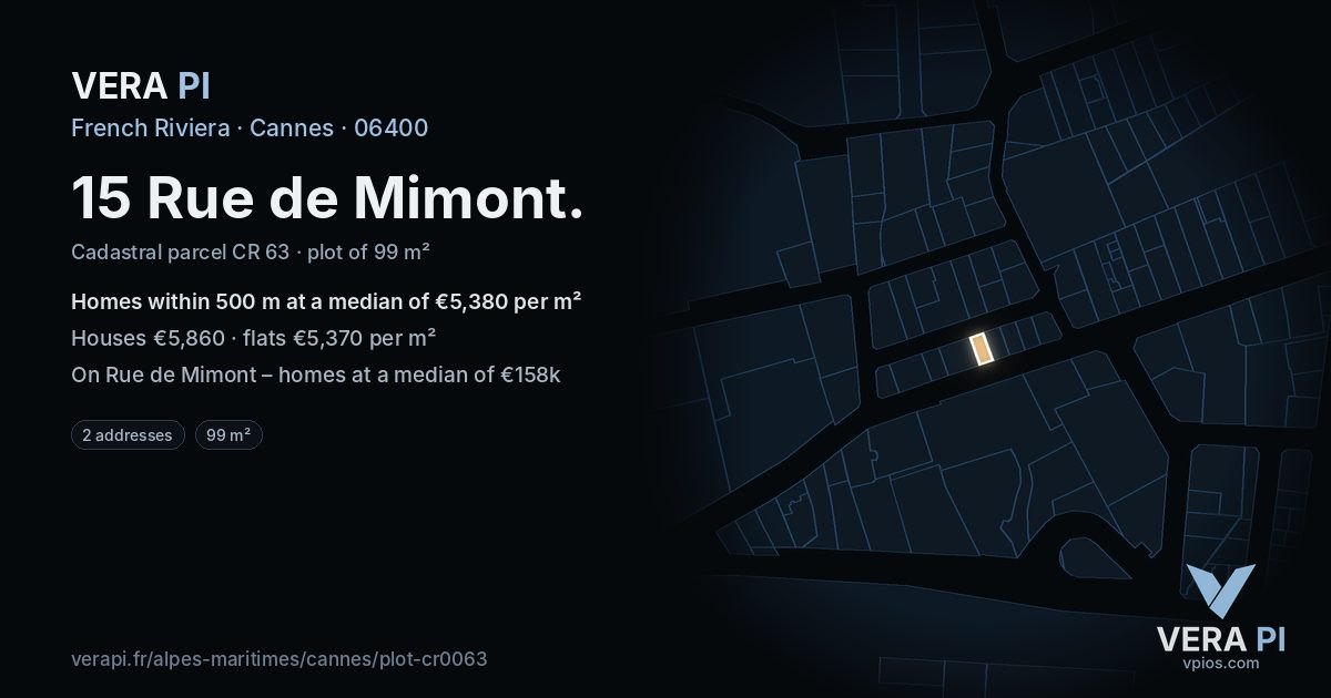 15 Rue de Mimont, Cannes at night – the plot lit, the parcels around coloured by the prices near them