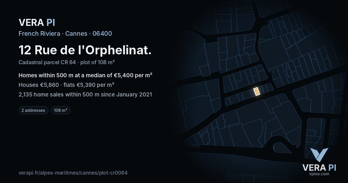 12 Rue de l'Orphelinat, Cannes at night – the plot lit, the parcels around coloured by the prices near them