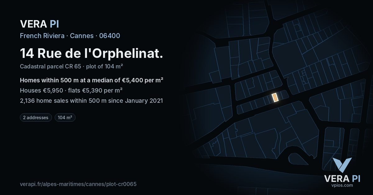 14 Rue de l'Orphelinat, Cannes at night – the plot lit, the parcels around coloured by the prices near them
