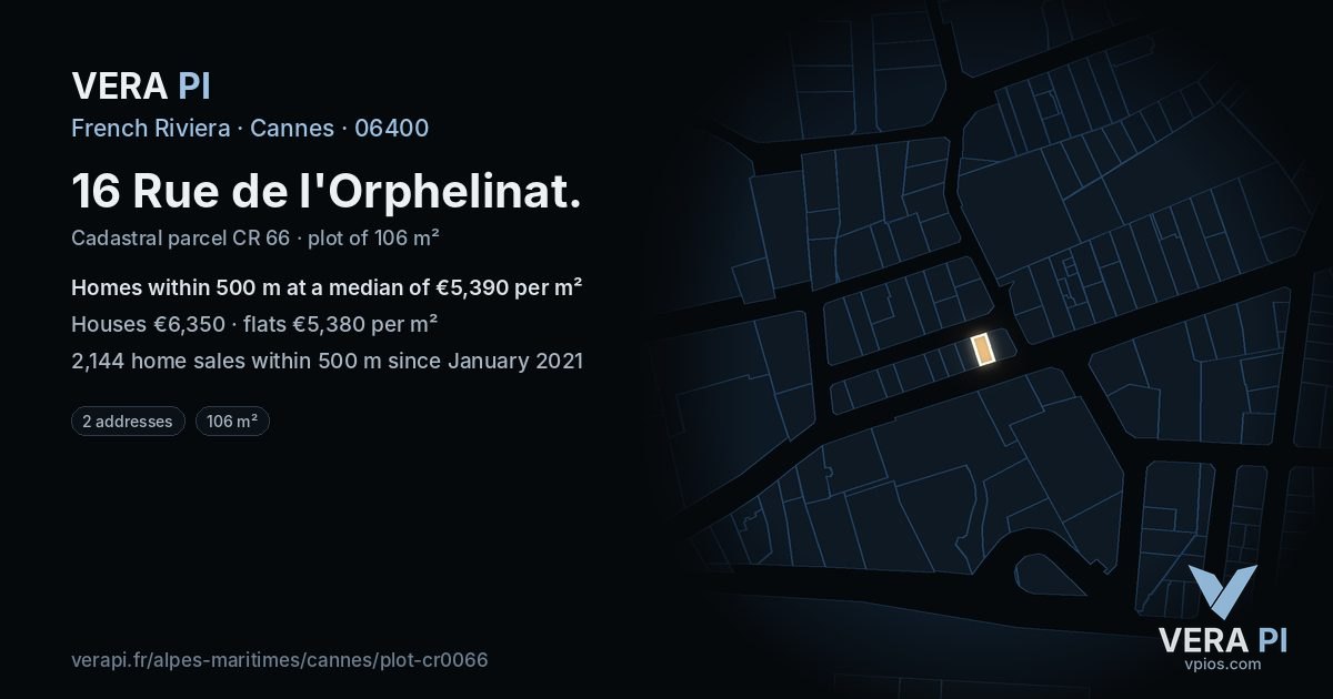 16 Rue de l'Orphelinat, Cannes at night – the plot lit, the parcels around coloured by the prices near them