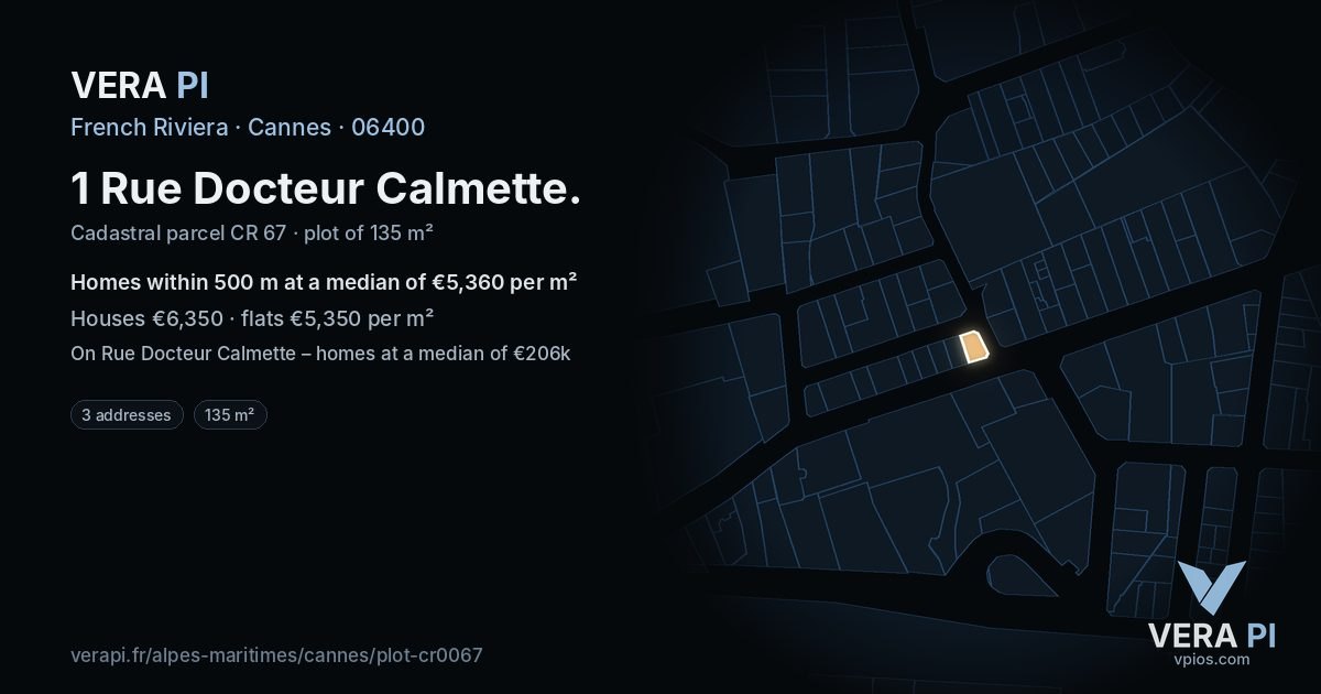 1 Rue Docteur Calmette, Cannes at night – the plot lit, the parcels around coloured by the prices near them