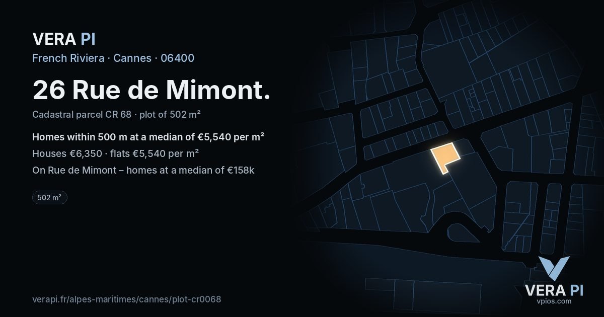 26 Rue de Mimont, Cannes at night – the plot lit, the parcels around coloured by the prices near them