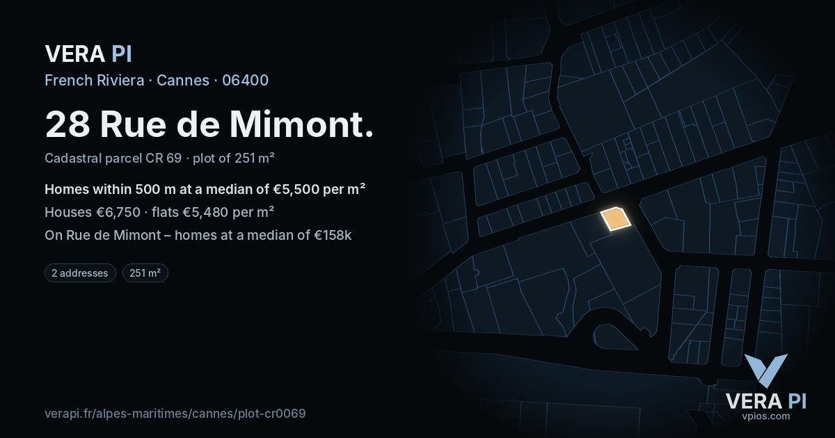 28 Rue de Mimont, Cannes at night – the plot lit, the parcels around coloured by the prices near them