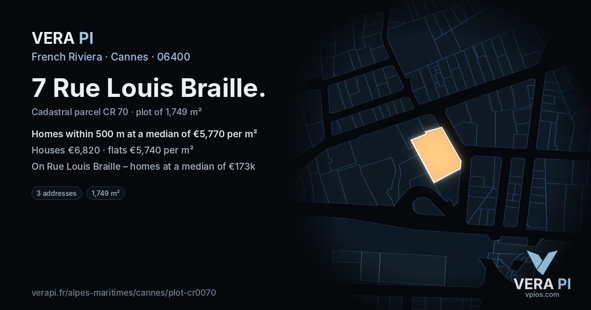 7 Rue Louis Braille, Cannes at night – the plot lit, the parcels around coloured by the prices near them