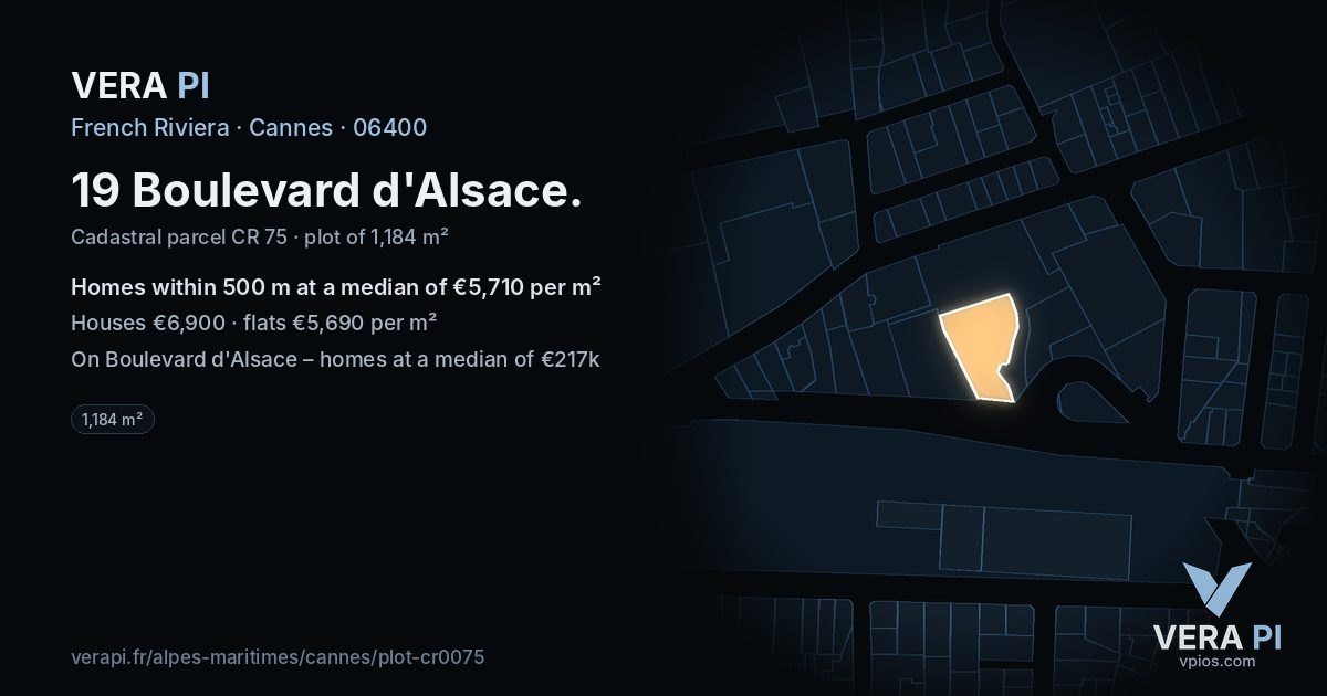 19 Boulevard d'Alsace, Cannes at night – the plot lit, the parcels around coloured by the prices near them
