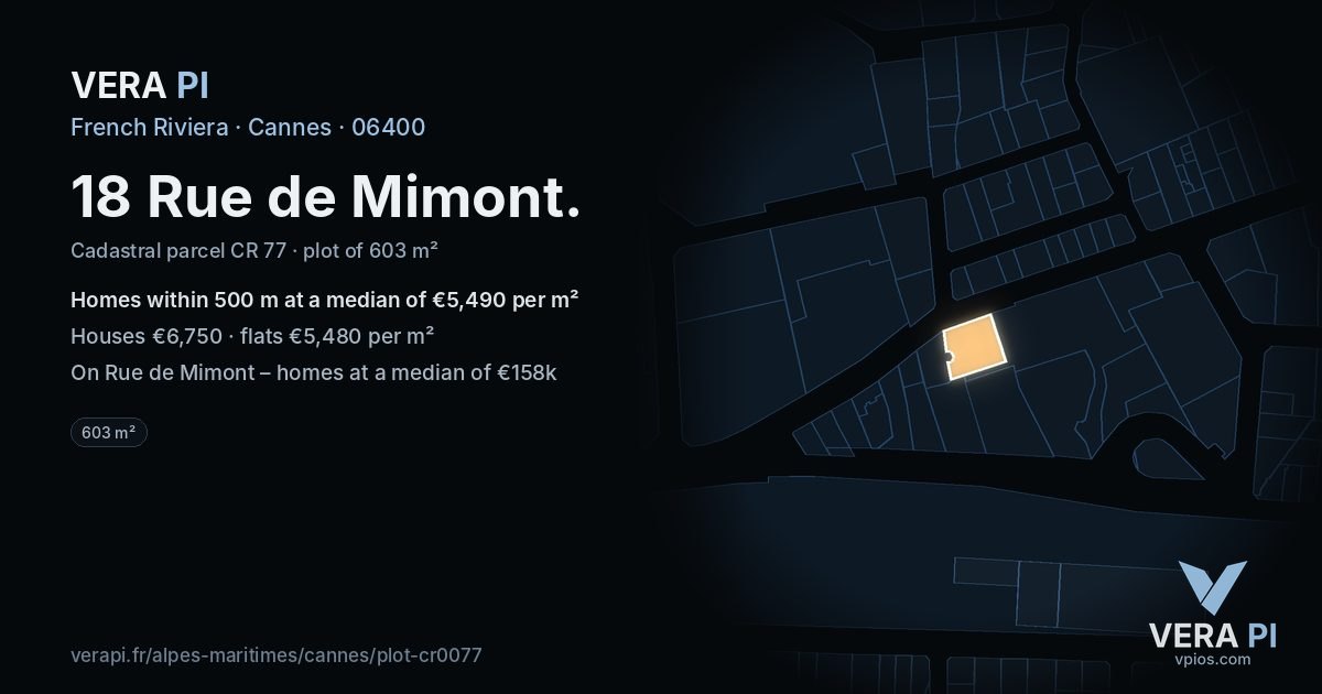 18 Rue de Mimont, Cannes at night – the plot lit, the parcels around coloured by the prices near them