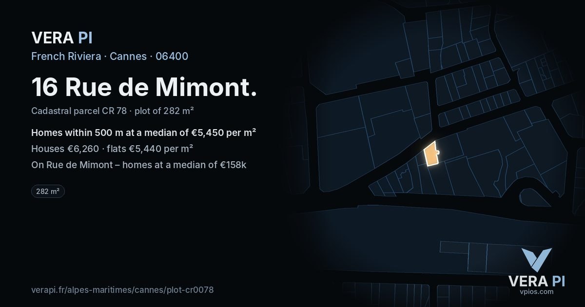 16 Rue de Mimont, Cannes at night – the plot lit, the parcels around coloured by the prices near them