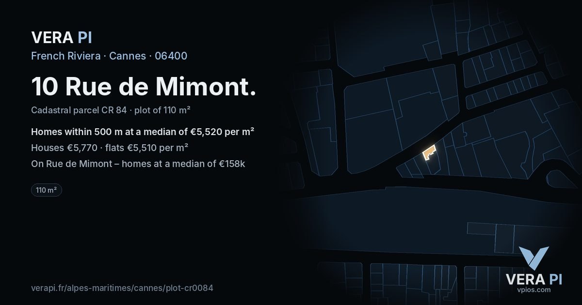 10 Rue de Mimont, Cannes at night – the plot lit, the parcels around coloured by the prices near them