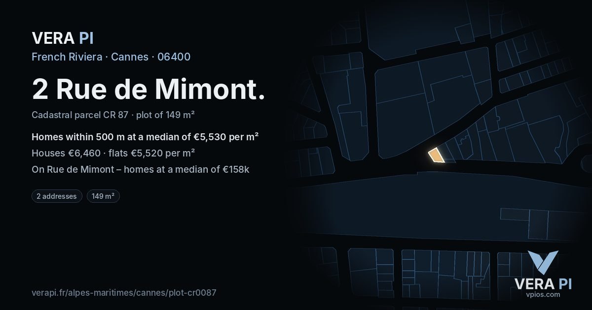 2 Rue de Mimont, Cannes at night – the plot lit, the parcels around coloured by the prices near them