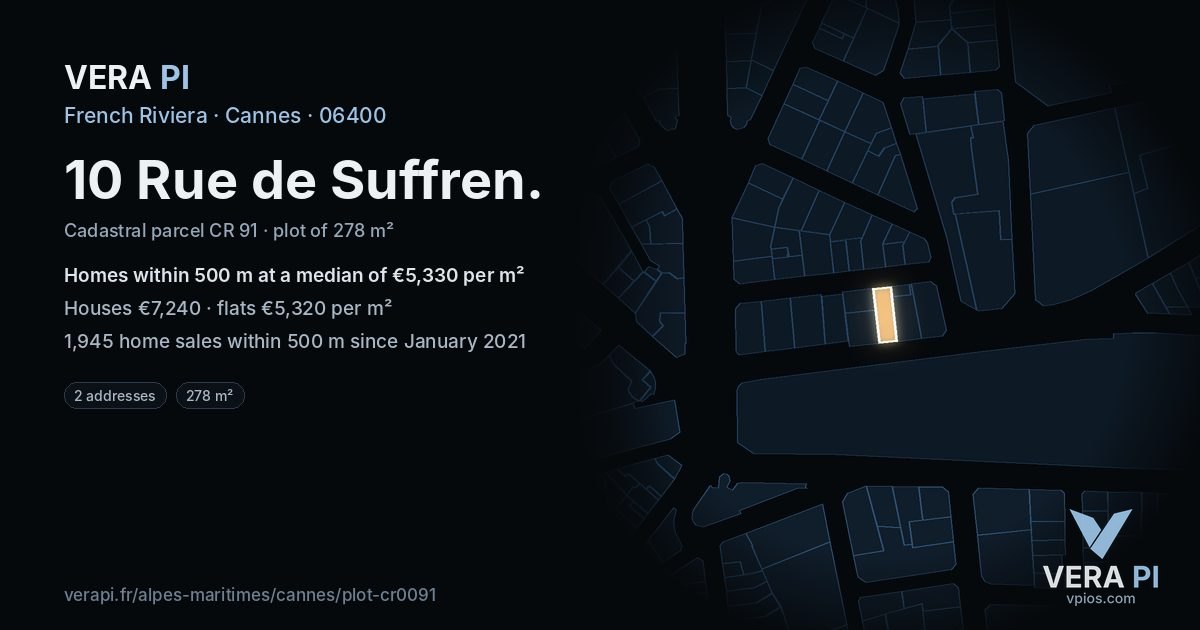 10 Rue de Suffren, Cannes at night – the plot lit, the parcels around coloured by the prices near them