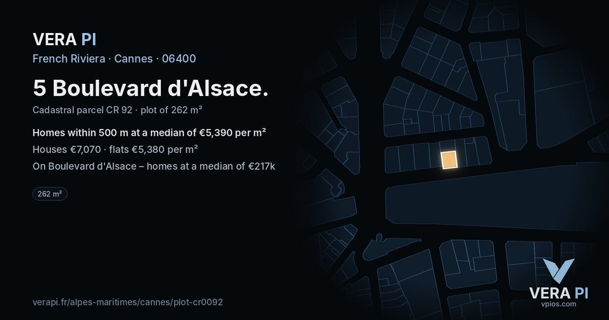 5 Boulevard d'Alsace, Cannes at night – the plot lit, the parcels around coloured by the prices near them