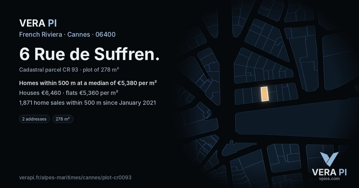 6 Rue de Suffren, Cannes at night – the plot lit, the parcels around coloured by the prices near them