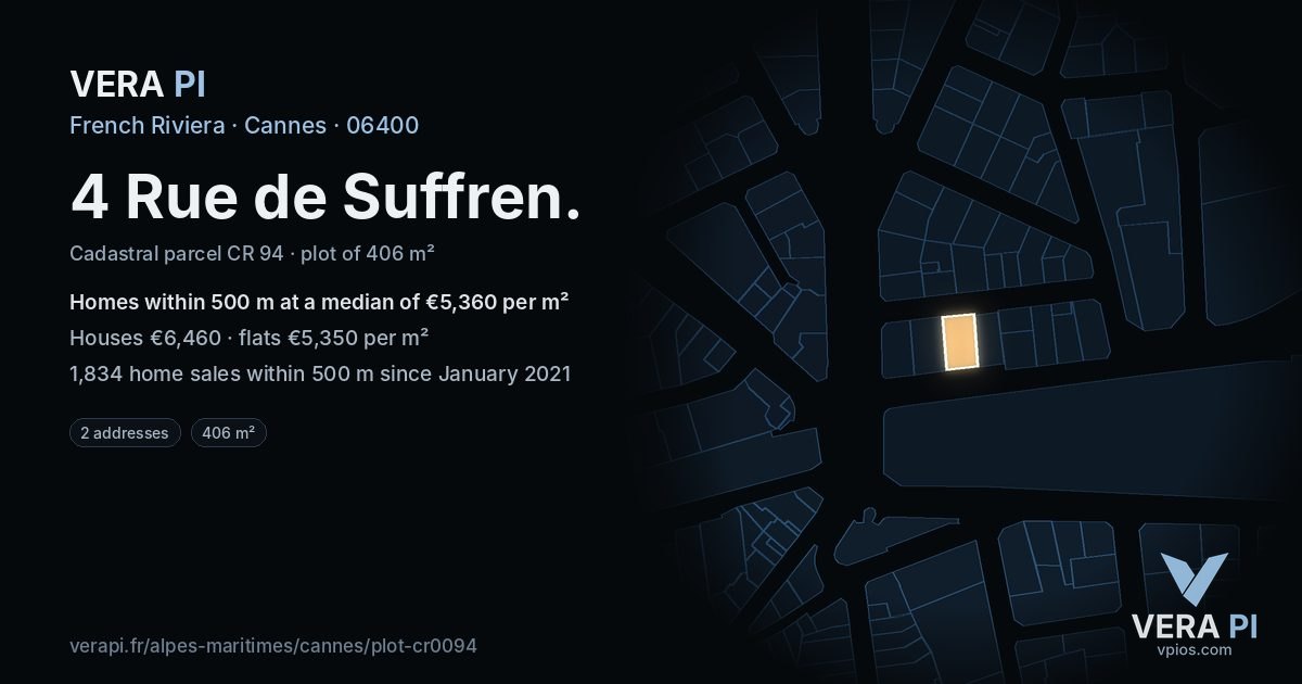 4 Rue de Suffren, Cannes at night – the plot lit, the parcels around coloured by the prices near them