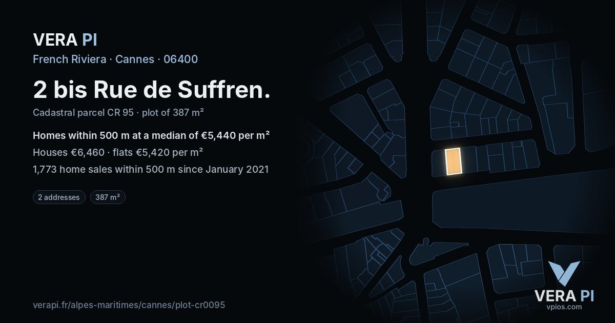 2 bis Rue de Suffren, Cannes at night – the plot lit, the parcels around coloured by the prices near them