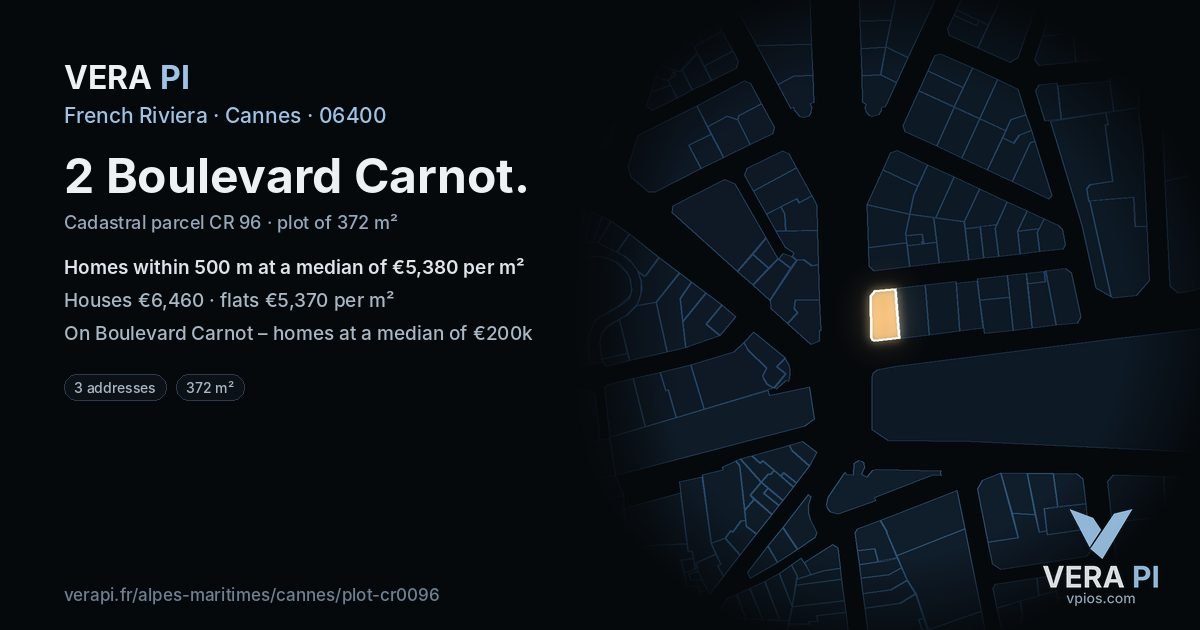 2 Boulevard Carnot, Cannes at night – the plot lit, the parcels around coloured by the prices near them