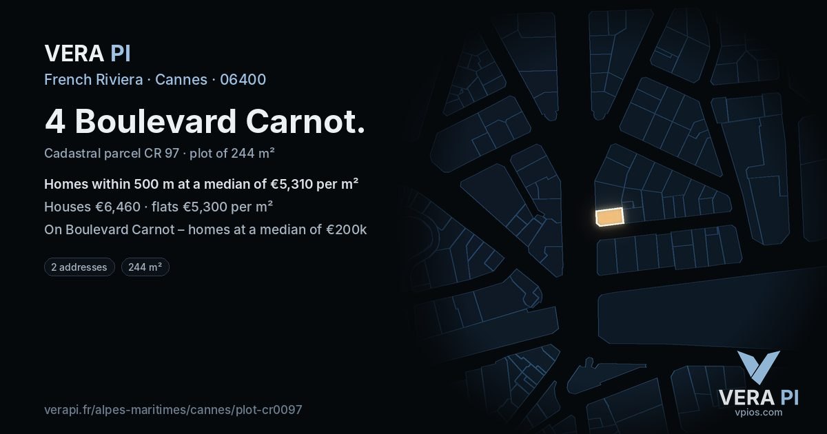 4 Boulevard Carnot, Cannes at night – the plot lit, the parcels around coloured by the prices near them